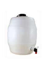 5 gallon white barrel with tap and black vent cap