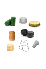 Various types of caps, corks and closures for bottles
