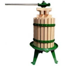Small spindle press with green frame and wooden cage.
