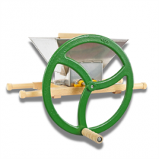 Traditional apple scratter with steel hopper, painted green flywheel and oak frame.