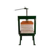 Pack press with painted iron frame and acacia wood racks.