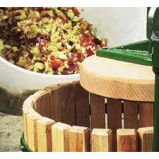 Bucket of crushed apples about to be poured into the basket of a fruit press.