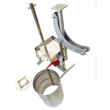 A steel hydraulic fruit press broken down into its parts.