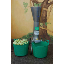 Stainless steel mill with 2 large tubs and apples.