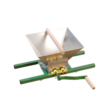 Traditional apple scratter with steel hopper and painted metal frame.