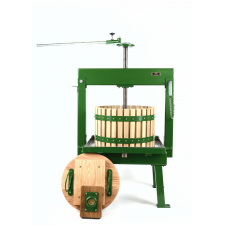 20 litre cider press painted green with solid wood press cage.