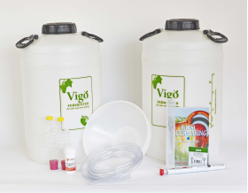 Standard Cider Making Kit including two plastic fermenters with airlocks, siphon tube, a large funner, a sachet of yeast, a hydrometer, hydrometer jar, pack of campden tablets and a guide to cider making book