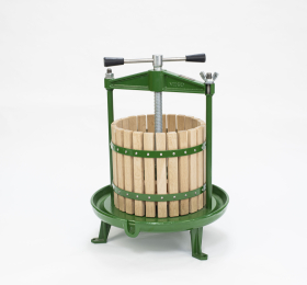 12 litre cross beam press painted green with solid wood press cage.