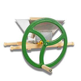 Traditional apple scratter with steel hopper, painted green flywheel and oak frame.