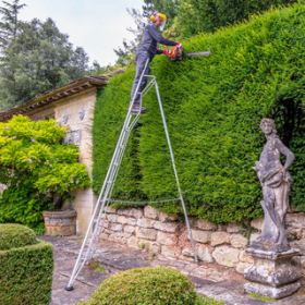 Henchman Tripod Ladder in use pruning hedge