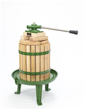 Small solid iron cider press painted green.
