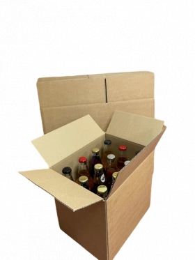 Cardboard box containing a dozen 500ml juice mineral bottles