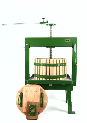 20 litre cider press painted green with solid wood press cage.