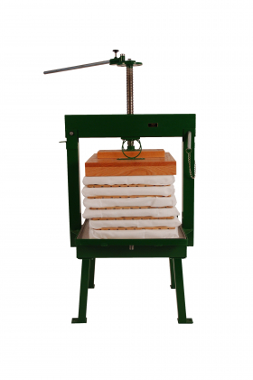 Pack press with painted iron frame and acacia wood racks.