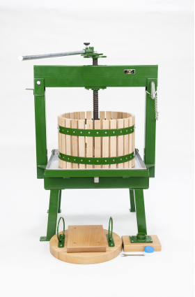 20 litre cider press painted green with solid wood press cage.